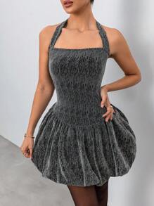 Chiquease 胸部包裹方形领口系带腰部设计褶皱、优雅性感鸡尾酒会/生日/情人节时尚连衣裙 - 銀色 - 查看 3