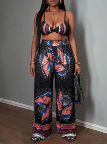 Slaydiva Vacation Suspenders, Ultra-Cut Top, Wide-Legged Ultra-Long Pants, All-Over Butterfly Print Women's Two-Piece Set-C - Black - View 5