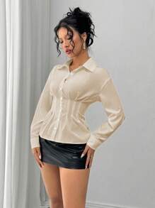 Chiquease 收腰褶皱女式长袖时尚衬衫 - 卡其色 - 查看 4