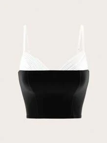 SHEIN ICON Top de tirantes de contraste de color y costura casual tipo camiseta para mujer, uso diario, estilo Y2K San Valentín - Blanco y Negro - Ver 7