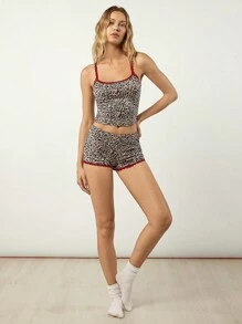 SHEIN EZwear 夏季外出豹纹蕾丝和蝴蝶结细节吊带背心和短裤套装