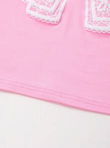 SHEIN Sweetra Young 2 件套 Tween Girl 套装，休闲和度假百搭蝴蝶结短袖上衣和喇叭裤，适合度假、校服、春季、夏季、秋季，无传统图案、花卉/部分装饰 - 彩色 - 查看 5