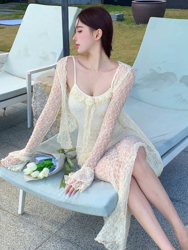 2pcs Women Vacation Textured Sheer Lace Top & 3D Floral Decor Dress,Ruffle