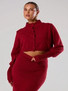 MUSERA Knitted Cinched Sleeve High Neck Button Front Cropped Co-Ord Cardigan Top Only Casual Cute Cosy Autumn Fall  Chic - Burgundy - View 1
