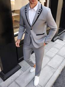 Manfinity Bizformal Conjunto de chaqueta y pantalón formal para hombre de Manfinity con contraste de color en el cuello de solapa y de manga larga