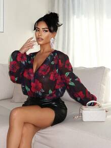 SHEIN SXY 女式长袖花卉印花休闲连体裤，简约合身，花卉图案，黑色紧身衣，女士度假装，女士夏季装，节日，情人节，春季，女士夏季装， - 黑色 - 查看 4