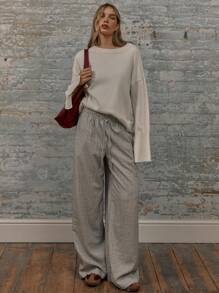 MUSERA 宽松圆领落肩长袖针织套头衫 - 杏色 - 查看 4