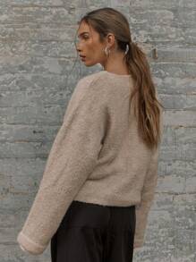 MUSERA Knit Boxy Fit Crossover V-Neck Long Sleeve Jumper Chic - Khaki - View 3