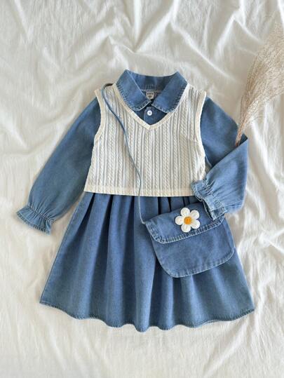 Vintaside Kids 年轻女孩春秋时尚可爱针织背心搭配时尚韩版西式立领长袖高档连衣裙这套服装非常适合户外度假，提供舒适轻松的外观。简约时尚的设计确保宝宝在户外探险时保持舒适和时尚，圣诞休闲装