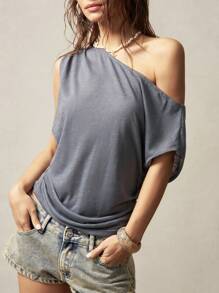 Bohemela 女士纯色针织不对称领口简约 T 恤，休闲日常穿着