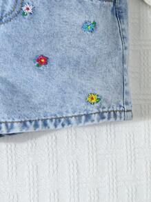 SHEIN 2pcs/Set Young Girl Fashionable Denim Camisole And Denim Shorts Summer Set - Medium Wash - View 5