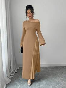 Elenzga 女士优雅时尚通勤迷人派对斜肩不对称下摆褶皱纯色长裙