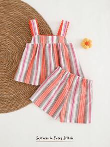 Cozy Pixies 2pcs/Set Baby Girl Colorful Striped Floral Trim Sleeveless Top And Elastic Waist Shorts Set