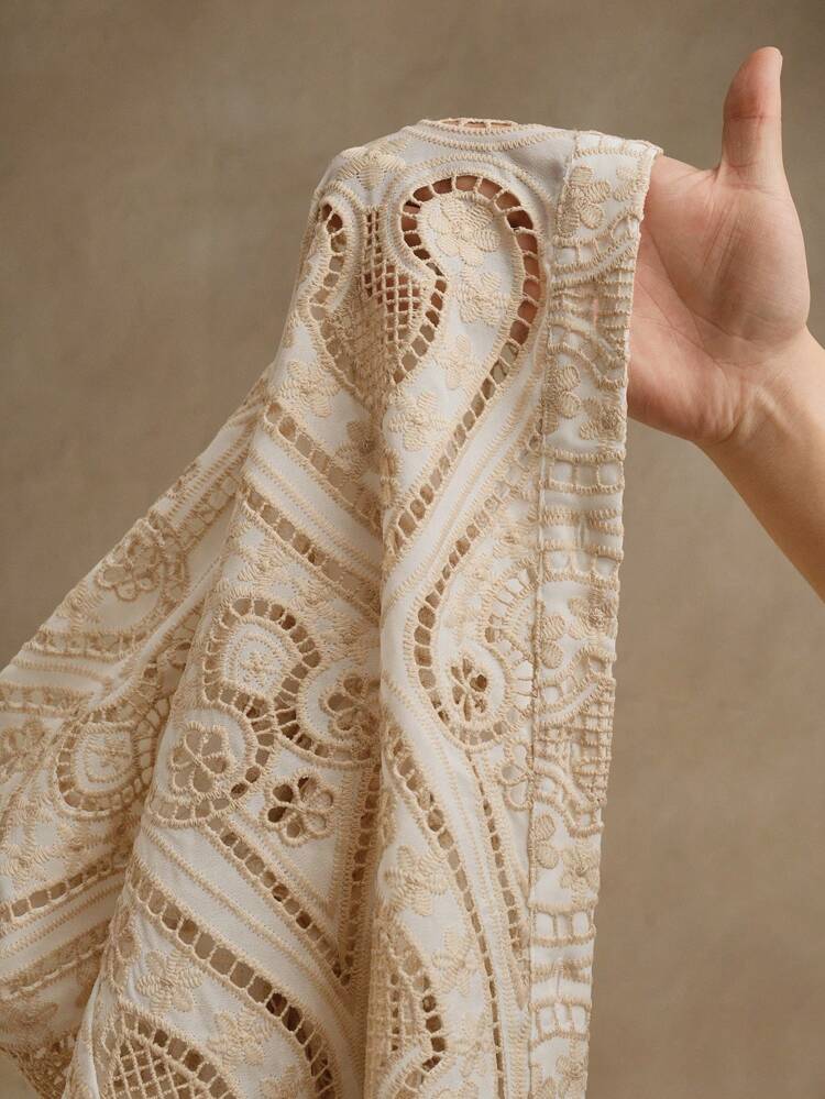 Romantic Elegant Vacation Style Embroidered Hollow Design Collar Puff Sleeve Sheer Women Blouse, Suitable For Valentine's Day, Summer Beach Vacation, New Year, Boho, Modest
