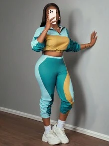 Slaydiva Conjunto informal de 2 piezas para mujer con chaqueta corta de cuello alto con cremallera y pantalón ancho de chándal con efecto color block