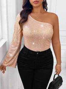 SHEIN Clasi Blusa casual con lentejuelas brillantes para mujer de talla grande, de uso diario sencillo y de moda