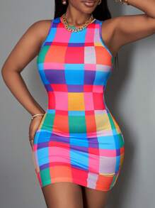 Slaydiva Abito mini attillato a quadri colorati in maglia per donna taglie forti