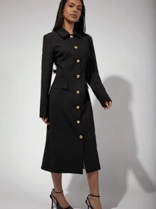 COSMINA Modest Women's Solid Color Front Button Long Sleeve Pocket Minimalist Long Dress - Black - View 5