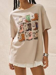 Easelle Botas de mujer de punto color albaricoque, camiseta de cuello redondo con estampado y hombros caídos - Albaricoque - Ver 6