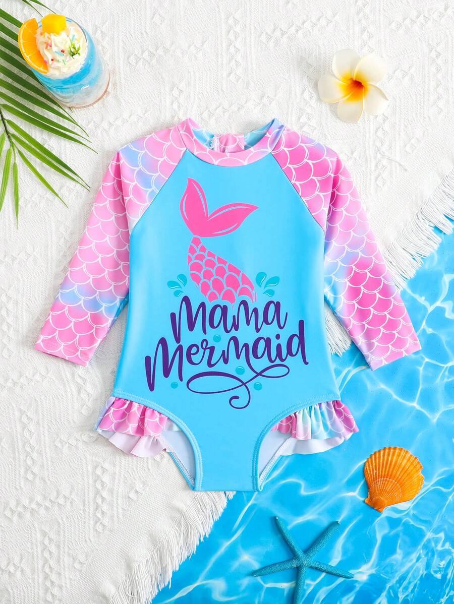 Baby Girl Cute Mermaid Scale Print Ruffled One-Piece Swimsuit,Summer Vacation Beachwear For Baby Girl