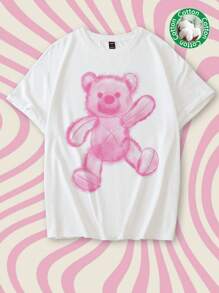 Tseoso 夏季女士休闲超大圆领短袖 T 恤，卡通印花，超大码，男女通用 - 白色 - 查看 2