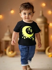 Camiseta negra con gráfico de luna para bebés niño y pantalones de efecto jean, conjunto casual para juegos al aire libre o eventos, de moda y versátil - Multicolor - Ver 1