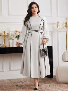 Modelyn 大码女式优雅灯笼袖圆领下摆设计连衣裙