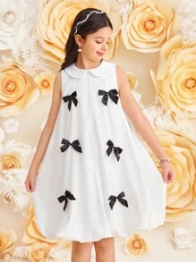 SHEIN Leap Crew 女童宽松优雅彼得潘领无袖蝴蝶结装饰 A 字形连衣裙 - 白色 - 查看 4