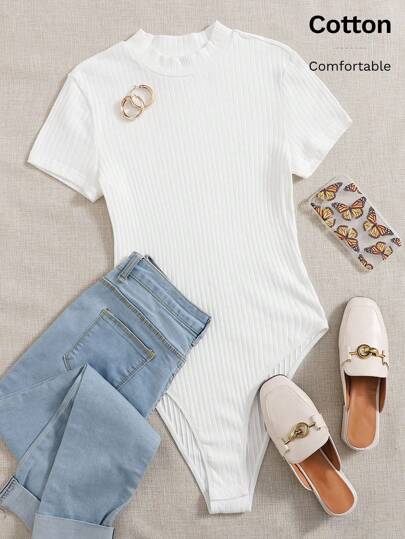 SHEIN EZwear 白色立领罗纹针织休闲 T 恤紧身衣