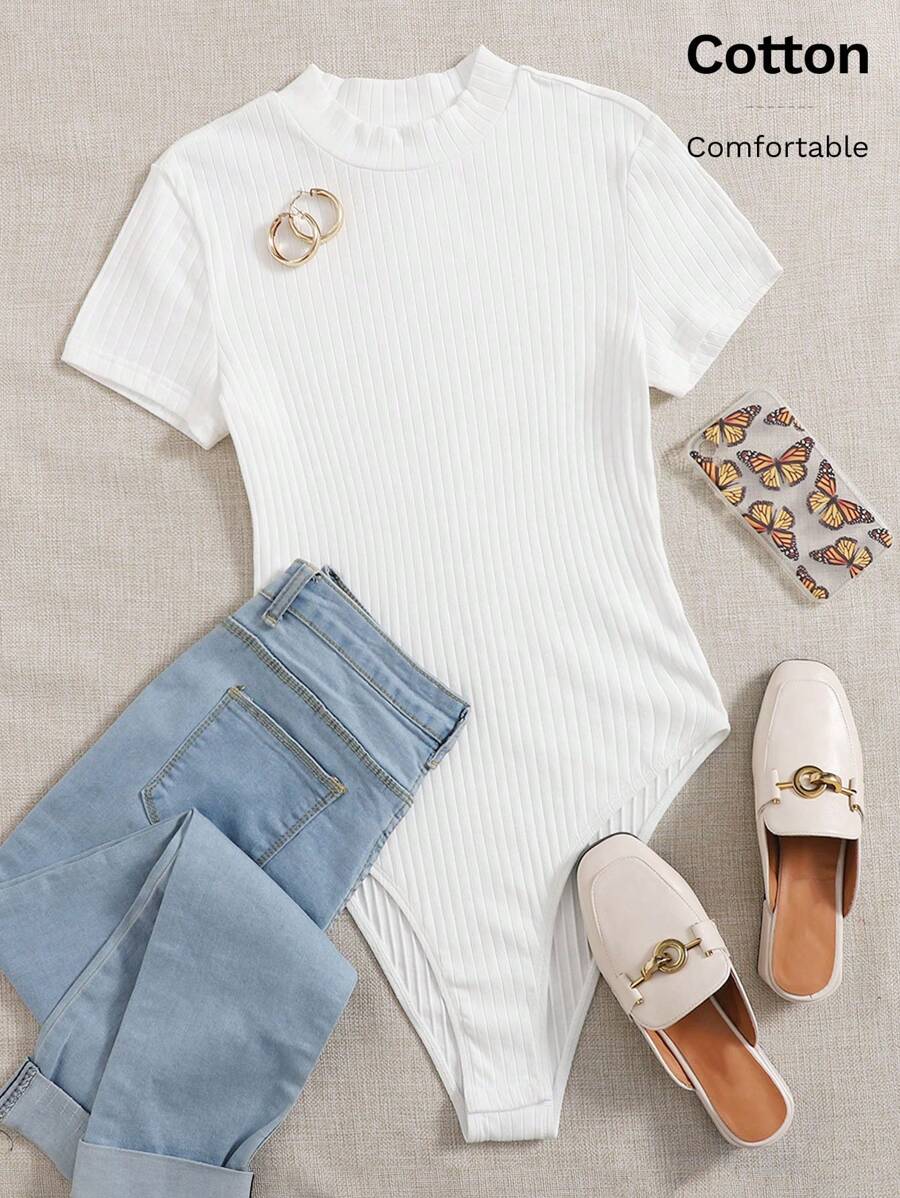 SHEIN EZwear 白色立领罗纹针织休闲 T 恤紧身衣 - 白色 - 查看 1