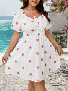 SHEIN VCAY Große Größen weißes besticktes Kleid mit quadratischem Ausschnitt, Puffärmeln und geraffter Taille, Alinien-Minirock, romantisches Urlaubsparty-Kleid, Sommeroutfit für Damen, Strand, Sommerkleidung für Damen, St. Patricks Day Outfit, Frühlingsoutfit für Damen, romantische Kleider, Brautgastkleid für Damen, Sommerkleid