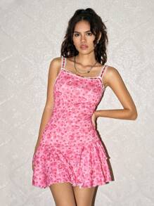 SHEIN EZwear 情人節玫瑰圖案粉色細肩帶洋裝 - 粉色 - 查看 5