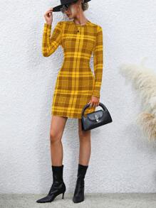 SHEIN Clasi Women's Mustard Yellow Plaid Long Sleeve Bodycon Dress: Fall Fashion - Ginger - View 8