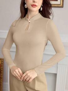 Vintamour Vintage élégante femme Chemisier col Mao manches gigot ajusté avec bouton perle Top de bureau casual Automne Vêtements femme Manches longues col roulé Retour au foyer Noël Vêtements femme Hiver Vêtements femme Automne Tenues femme Automne Hauts femme Automne