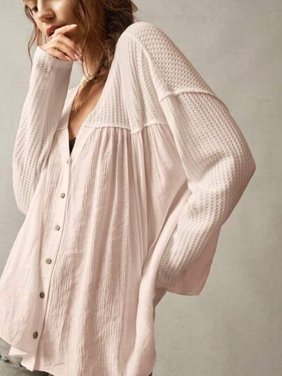 Bohemela Plus Size Women Single-Breasted Long Sleeve Casual Loose Blouse,Vintage