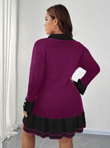 SHEIN Unity Plus Size Women Knitted Colorblock Sweater Dress With Ruffle Hem Button Decor, Elegant For Autumn/Winter - Purple - View 2