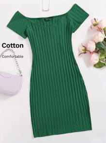 Muchica Off Shoulder Rib-knit Bodycon Dress - Green - View 6