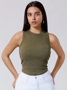 SHEIN x Marika Sila SHEIN EZwear 夏季复古装纯色褶皱背心 - 軍綠色 - 查看 5