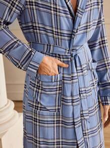Manfinity Men's Front Tie Long Sleeve Plaid Minimalist Casual Robe - Blue - View 3