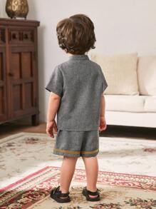 Cozy Pixies 2pcs/Set Baby Boys Contrast Color Banded Collar Short Sleeve Cardigan And Elastic Waist Shorts Set, Suitable For Summer