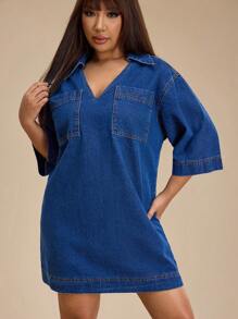 Forever 21 春季新款翻领V领中袖宽松H型洗水牛仔大码女式迷你休闲连衣裙 - 藍色 - 查看 7