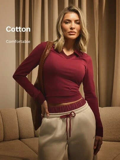 Athîral 女士纯色 V 领长袖简约 T 恤，日常休闲