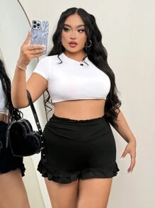 SHEIN ICON Plus Size Black High Waist Ruffle Trim Shorts For Summer