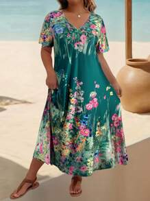 EMERY ROSE Plus Size Summer V-Neck Short Sleeve Floral Print Elegant Loose Dress, For Thanksgiving Maxi Women Outfit - Dark Green - View 3