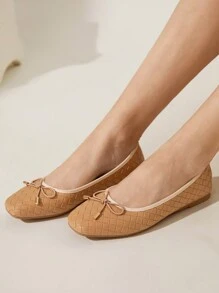 CUCCOO CHICEST Bailarinas cómodas y casuales con lazo y empeine tejido, puntera cuadrada, en color camel y marrón. Hechas de PU tejido, estilo Mary Jane, con un toque retro/vintage/académico/oficina/campus/citas/fiesta