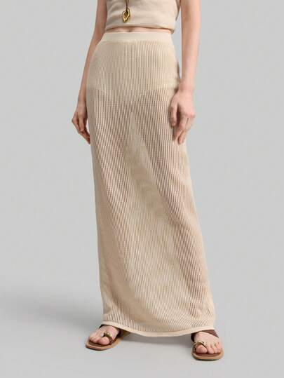 Ontre 女款毛衣裙波西米亚风瓷纹长裙杏色简约休闲贴肤松紧腰镂空针织度假风