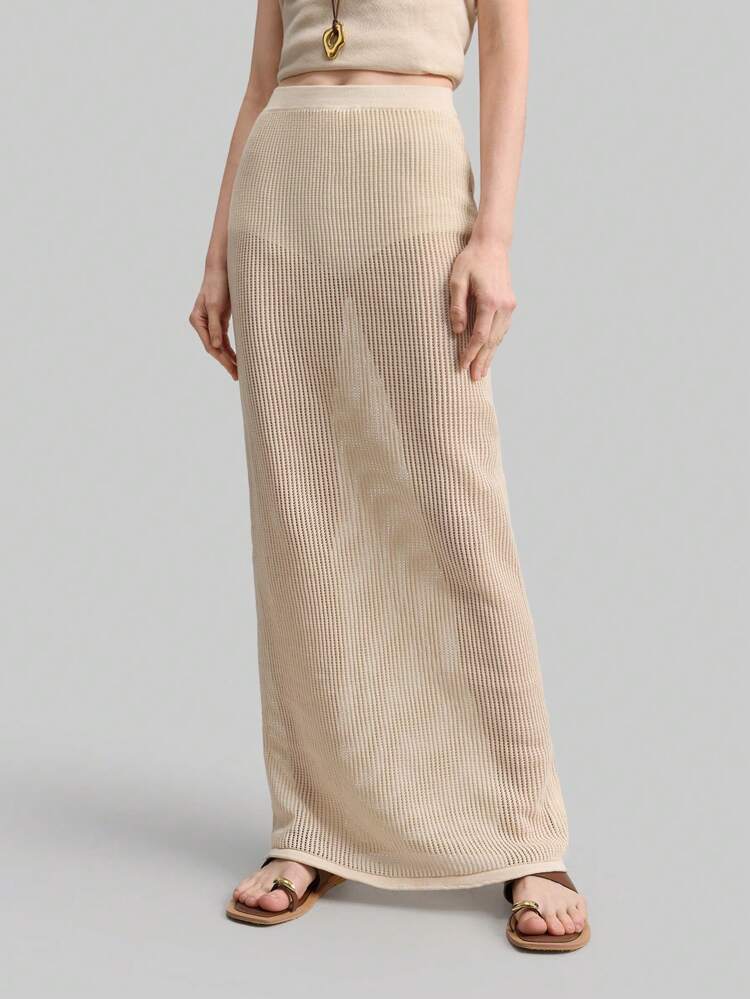 Women's Sweater Skirt, Bohemian-Style Porcelain Pattern Long Skirt, Apricot Color, Simple Casual, Skin-Friendly Elastic Waist, Hollow-Out Knit Vacation Style