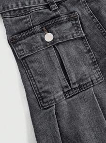 ROMWE Grunge Punk Women's Waist Strap Pocket Pleated Simple Casual Denim Skirt