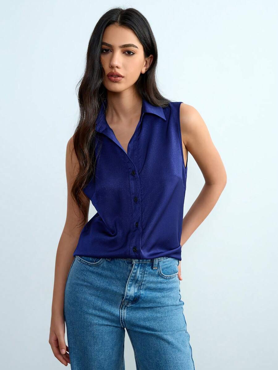 Lumivelle Elegant New Satin Shirt Blouse, Mid-Length Top With Lapel Drapery, Women Fashion Solid Color Sleeveless Turndown Collar Shirt, Office Workwear