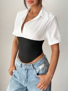 SHEIN Unity Elegant Color Block Fitted Short Sleeve Shirt - Multicolor - View 5